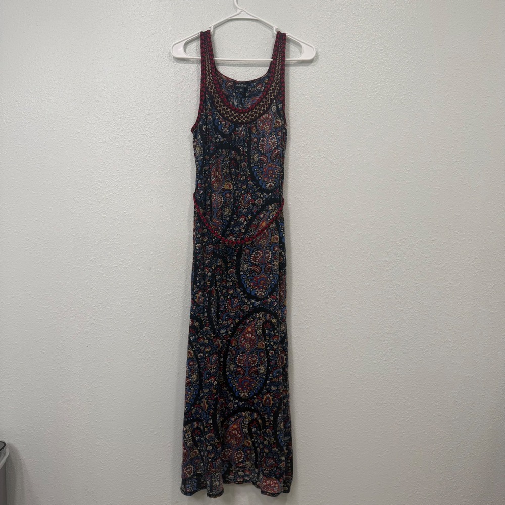 Lucky Brand Womens XL Paisley Embroidered Maxi Dress Sleeveless Navy Red Boho